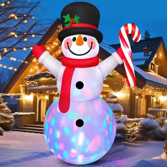 8 FT Tall Christmas Inflatables Outdoor Decorations Blow Up Snowman Inflatable Candy Cane, Build-in Rotating Colorful LEDs Xmas Snow Man Blowups Yard Decoration for Party Holiday Indoor Lawn Garden