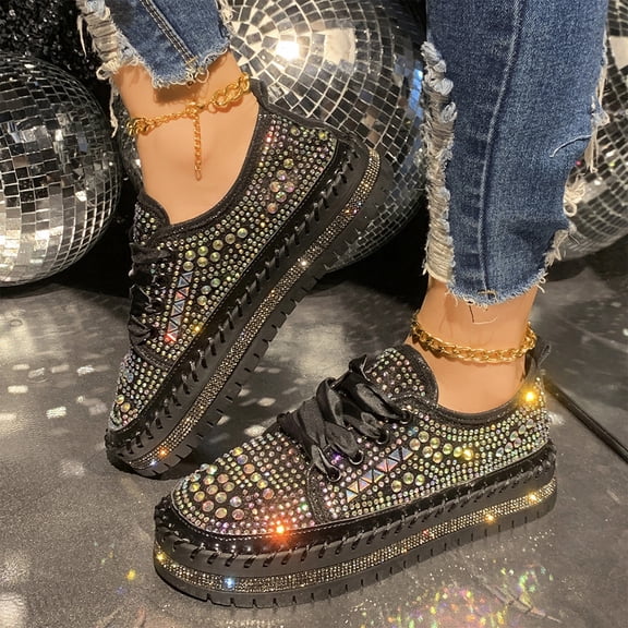 Sparkly Rhinestone Platform Sneakers for Women Men, Lace Up Glitter Casual Chunky Shoes, Fashion Comfortable Round Toe Walking Sneakers