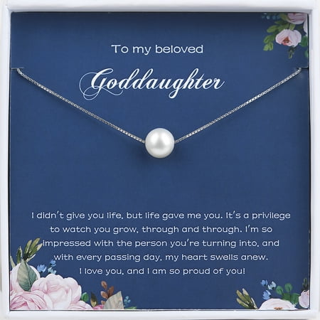 Anavia To My Beloved Goddaughter Gift Card Goddaughter Birthday Gift from Godmother Goddaughter Wedding Gift Pearl Necklace-[White Pearl + Silver Chain]