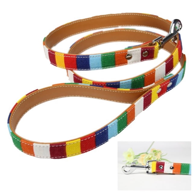 MOVTOTOP Colorful Striped Canvas Rainbow Lead Leash Leather Dog Set Leash Handle Rope Size M