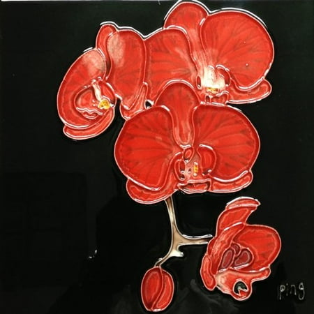 Continental Art Center 3 Red Orchids With Black Background Tile Wall Decor