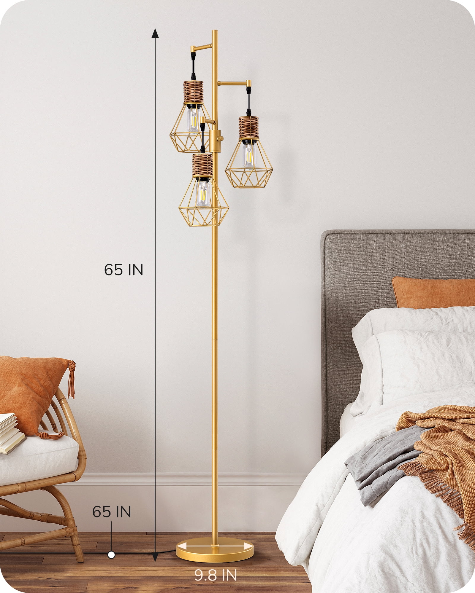 EDISHINE Industrial Floor Lamps for Living Room Clearance, Dimmable, Metal Standing Tree Lamp for Bedroom, Office, Home Decor, LED Bulb Included, Gold