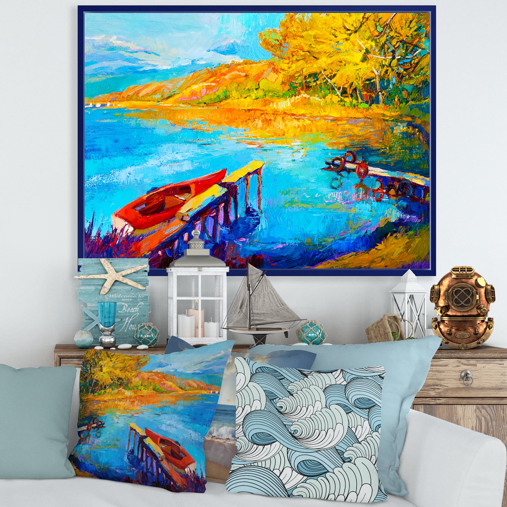 The Lake At Sunset Evening Glow II 32 in x 24 in Framed Painting Canvas Art Print, by Designart