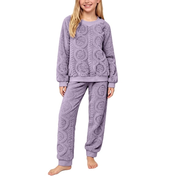 SERTGUTR Girls' Fleece Set Crewneck Long Sleeve Top Jogger Pants 3D Textured Warm Fall Winter Homewear Outfit
