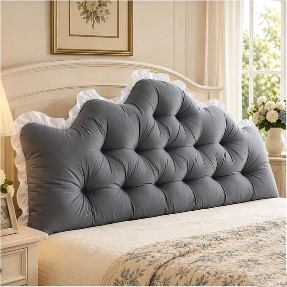 Dorm Headboard Pillow, Ruffle Shape Tufted Reading Backrest Cushion, Large Soft Bed Rest Wedge Pillow for Twin Full Bed College Dorm Bedroom Decor, Black, 70.87x19.69in,Black