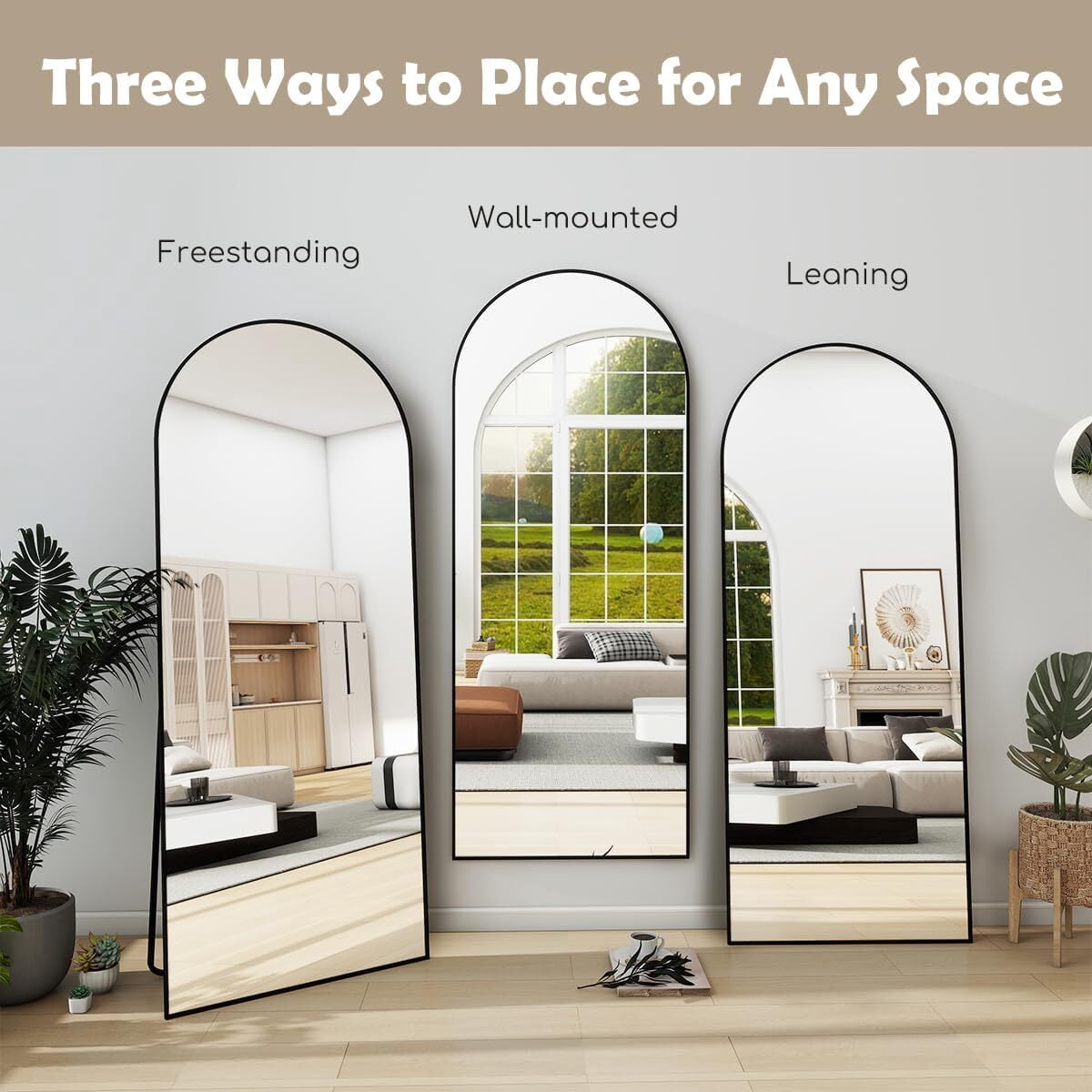 Anyrose 58"x18" Full Length Arch Top Mirror with Metal Frame Stand Wall Mounted, Black