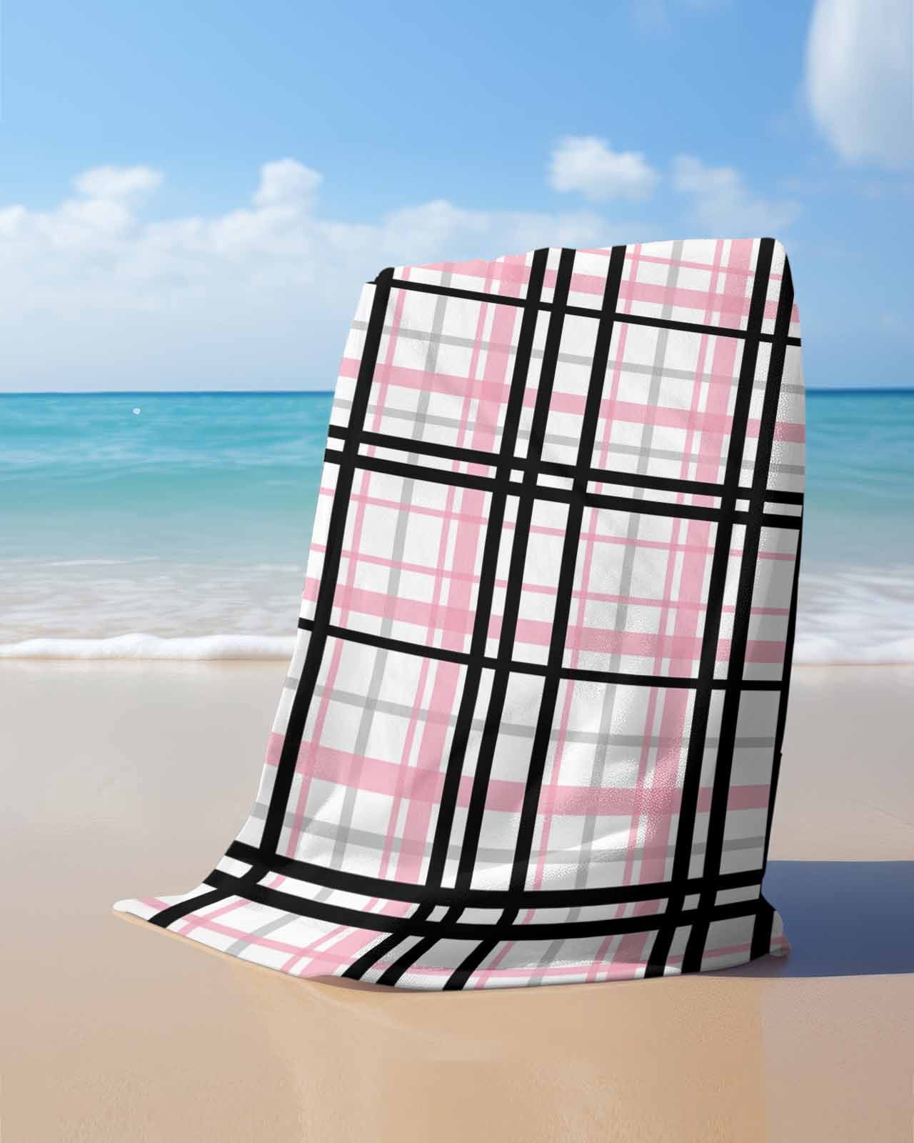Pink Black Plaid Beach Towels Oversized Super Absorbent, Farmhouse Pink Black Checkered Lightweight Bath Towel Quick Dry Sets For Bathroom/Pool/Rv Camping/Beach Play/Gym Room/Picnic 31"x62"