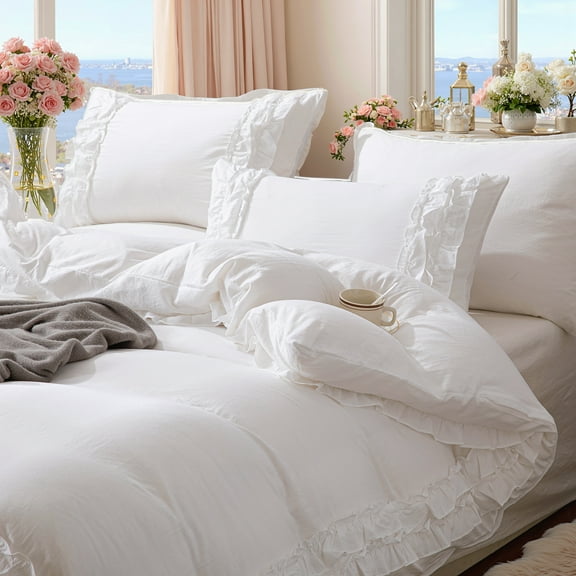 White Ruffle Duvet Cover Set Queen Size Shabby Chic Bedding Set Ruffled Farmhouse Pure White Comforter Cover Boho Duvet Cover Set