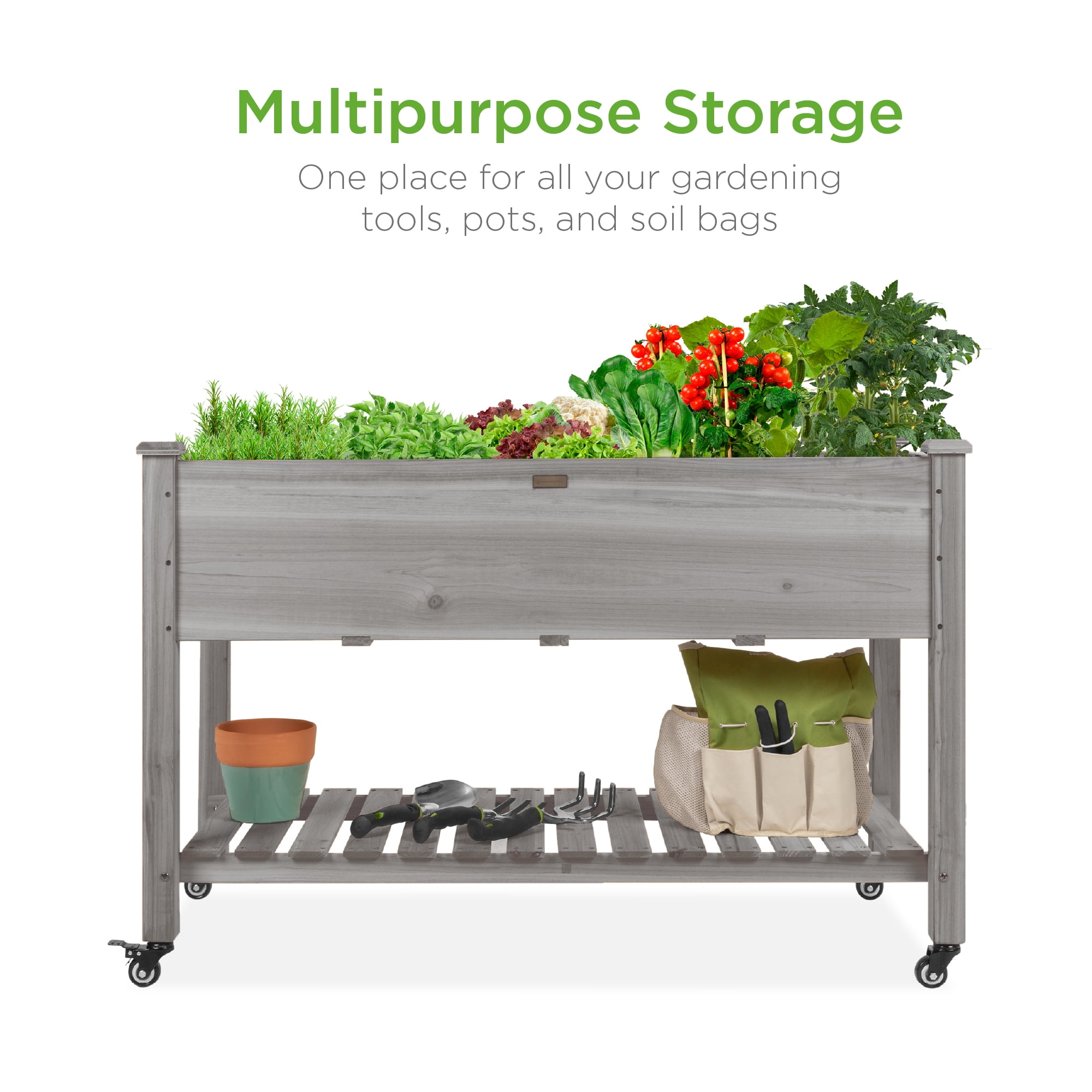 Best Choice Products Raised Garden Bed 48x24x32in Mobile Elevated Planter w/ Wheel Locks, Shelf, Liner - Gray