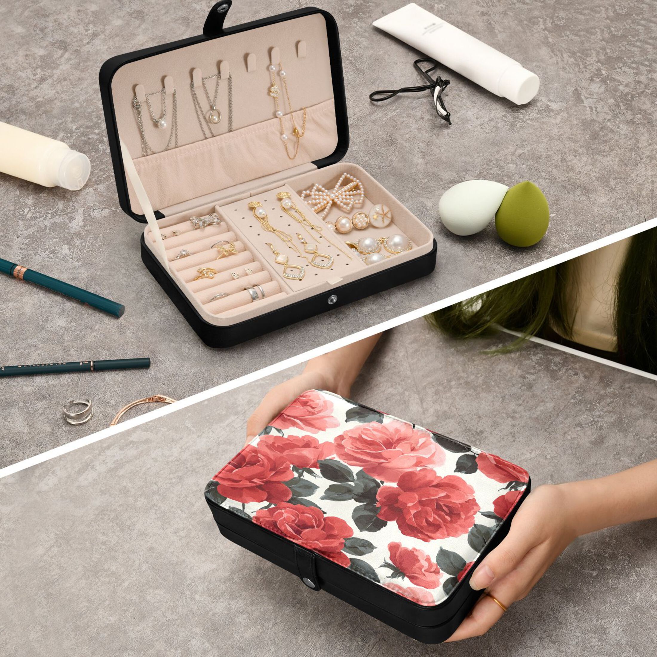 Leather Jewelry Box Rectangular 8.27x5.5x1.78In Travel Jewelry Storage Earrings Necklace Bracelet Watch Brooch Storage Beautiful Red Rose