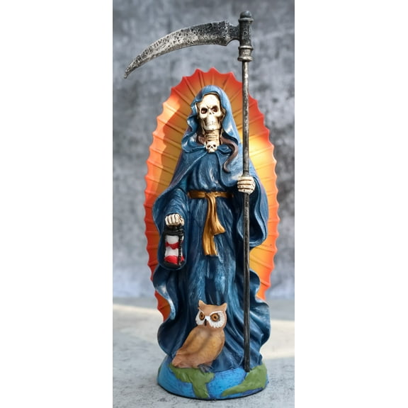 Standing Blue Santa Muerte Skeleton With Scythe Hourglass And Wise Owl Figurine