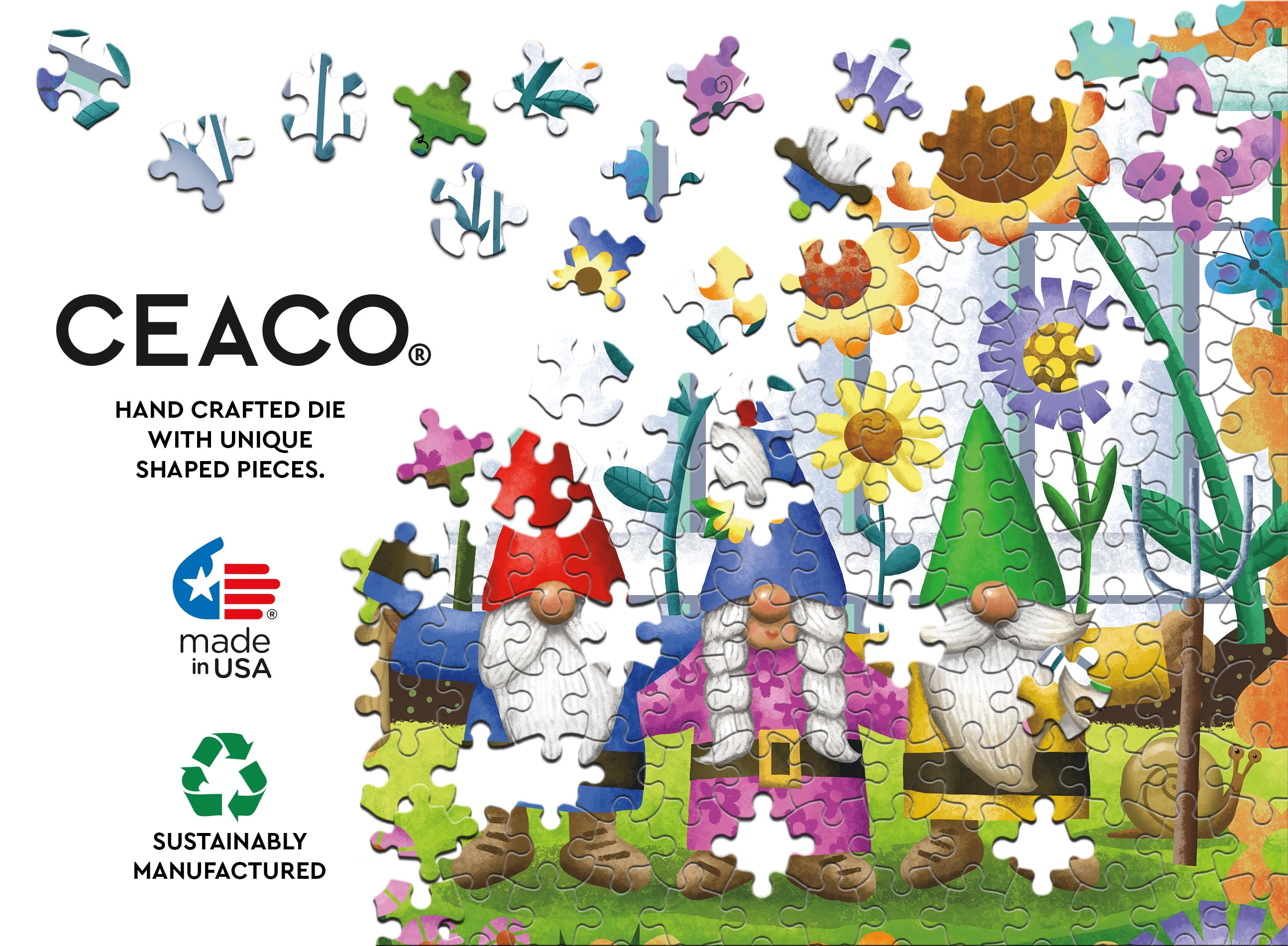 Ceaco Gnome Sweet Gnome Backyard Trio 300 Piece Colorful Jigsaw