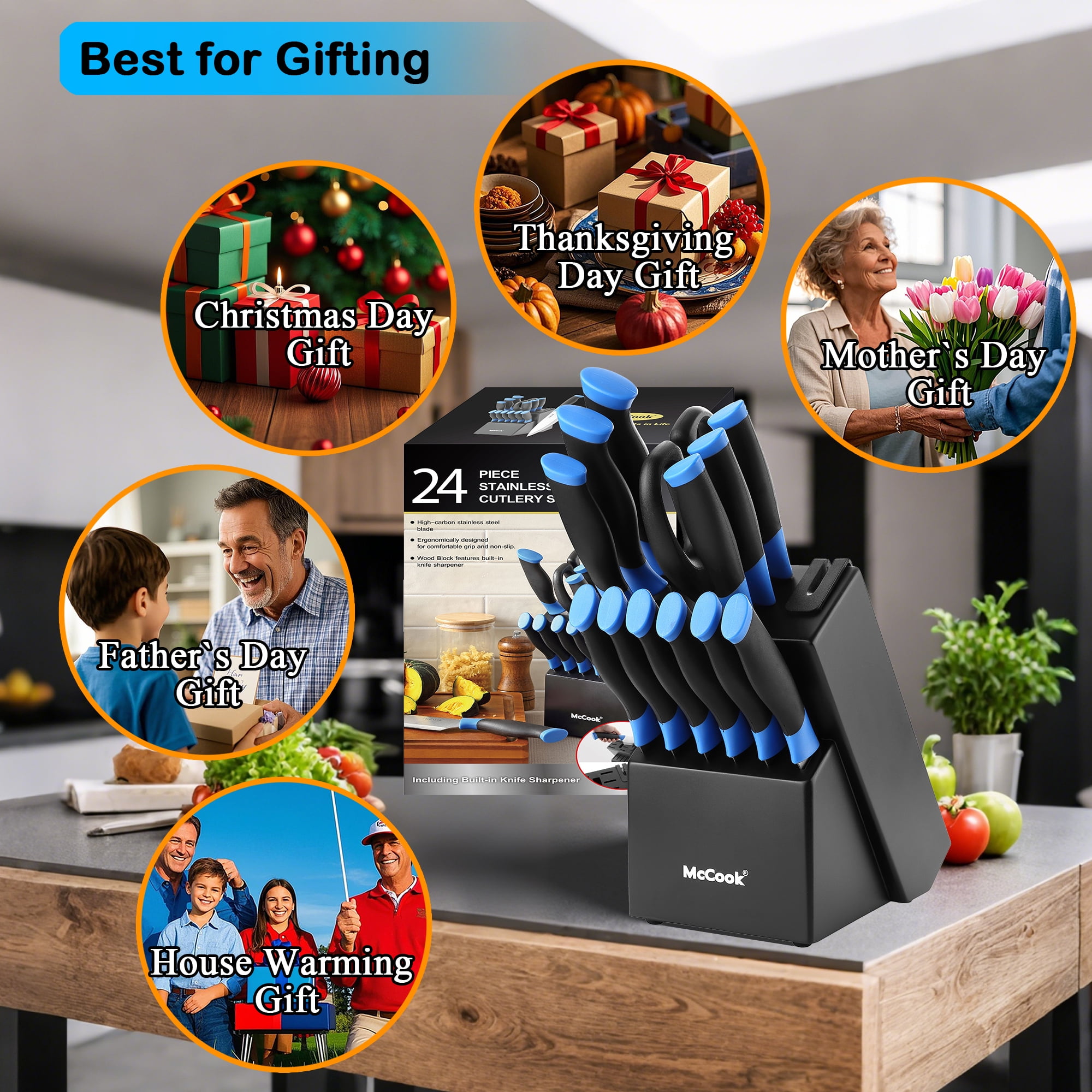 McCook Knife Set For Home, Ultra- Sharp Cutlery Knife Set with Steel Blades for Precise Cutting,Lightweight, Stainless Steel Knife Set with Built-in Knife Sharpener,Measuring Cups and Spoons,24PCS