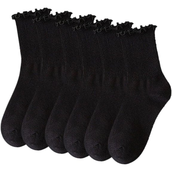 6 Pairs Women's Black Ruffled Socks, Comfortable and Breathable Cotton Socks for Women and Girls