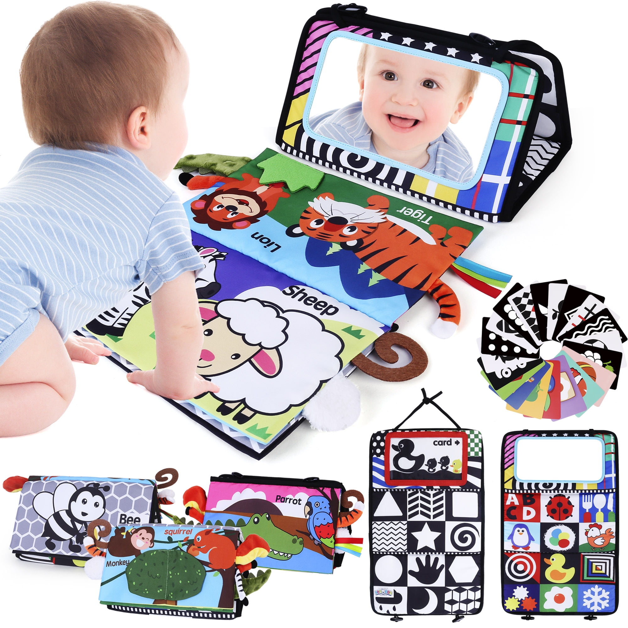 LotFancy Baby Tummy Time Mirror Toys with 8 Pages Cloth Books