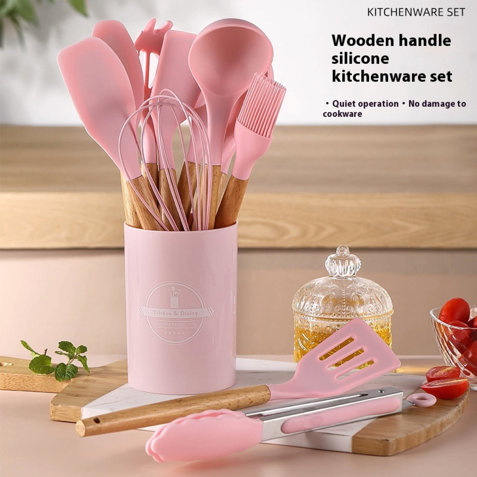 WISOLT Pink Silicone Kitchen Utensils Set - 12 Pieces with Wooden Handles & Storage Bucket, Heat-Resistant for Non-Stick Cookware.