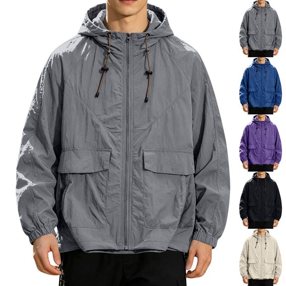 BRANROY Men's Windbreaker Jacket UPF 50 - Ultra-Thin Breathable Sporty Cargo Style Sun Protective Outdoor Shirt for Hiking, Travel, Camping, and Daily Casual Wear,Beige L
