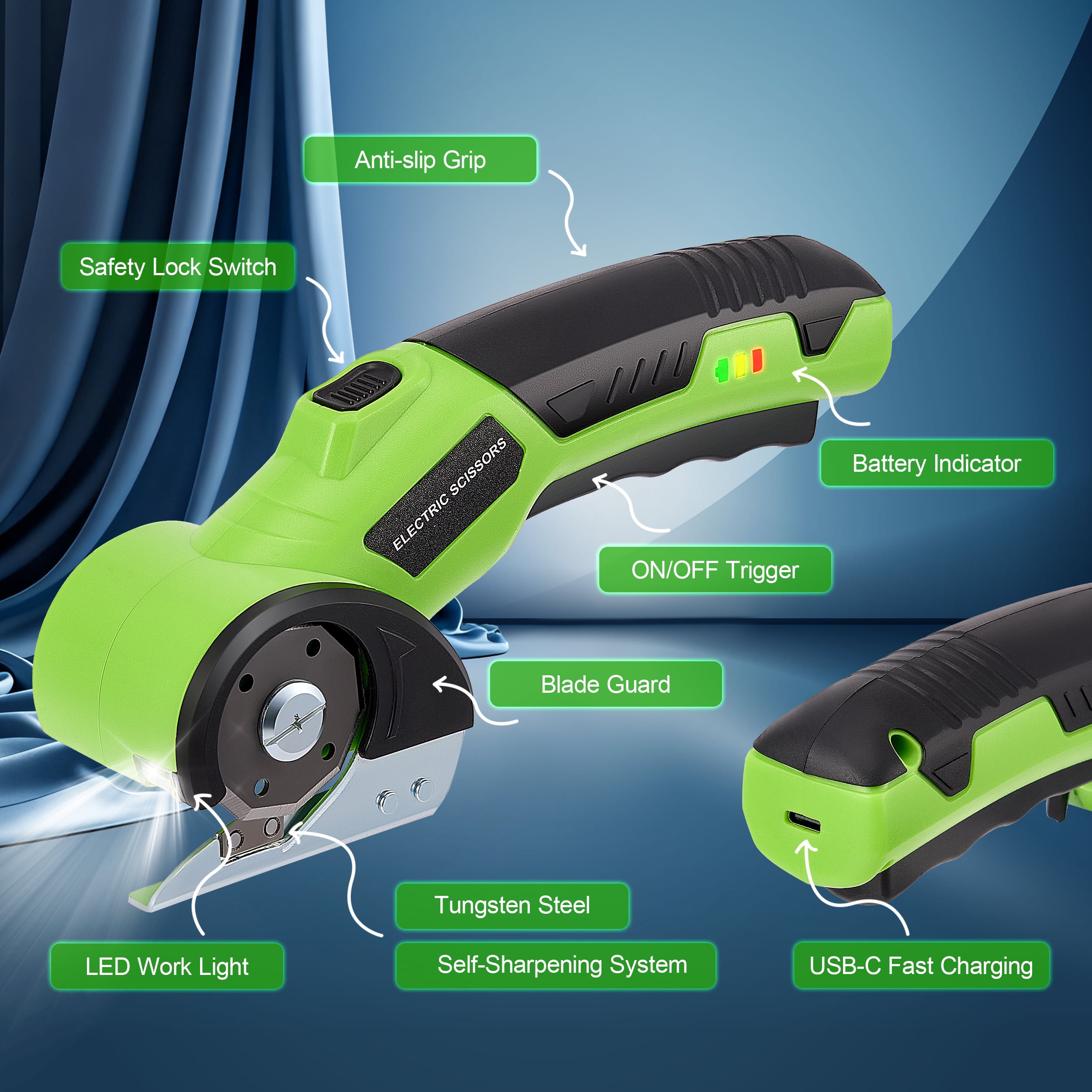 RELOIVE Cordless Electric Scissors,4.2V Rechargeable Rotary Cardboard Cutter, 2000mAh Battery, with LED Light, 2 Blades, Box Cutter for Fabric Carpet Carton Plastic Leather Cloth