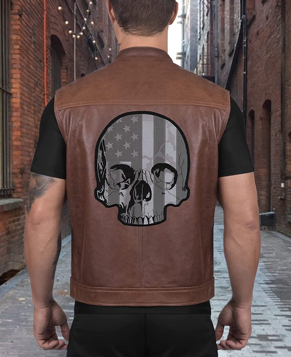 Subdued Half Skull Patch 12" | Black White US Flag Patriotic Halfskull Skeleton | Embroidered Iron On | Large Motorcycle Back Patches for Men and Women