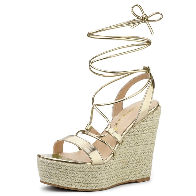 BLISSFUL STEP Sandales Espadrilles à Plateforme à Talon Compensé à Lacets Dorées pour Femmes 7,5 M US