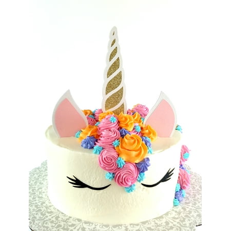 Handmade Unicorn Birthday Cake Topper Decoration with Horn, Ears, and Eyes