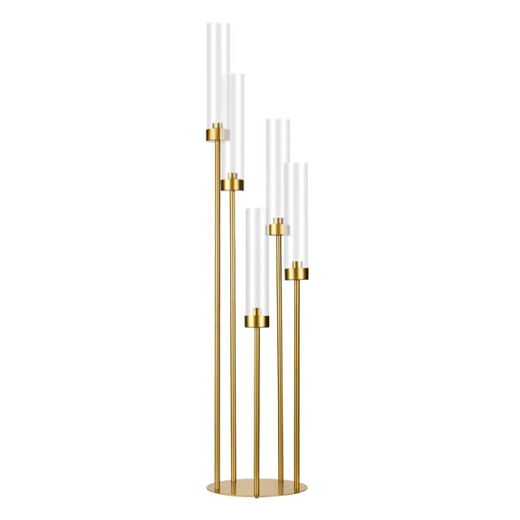 39.4" Tall 5-Arm Candelabra with Acrylic Lampshade, Wedding Table Centerpiece for Halloween Christmas Party & LED Taper Candles