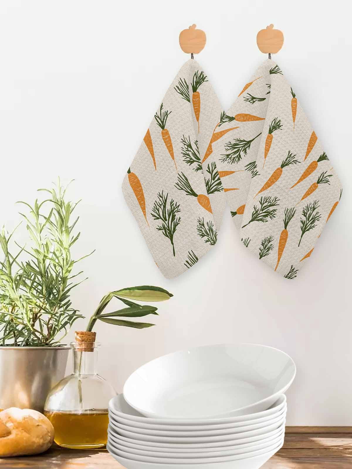Carrots Easter Dish Towels Set, Waffle Weave Kitchen Towels 4 Pieces, Watercolor Orange Green Vegetable Rustic Microfiber Hair Face Bath Tea Towel Absorbent Quick Drying Cleaning Dish Cloths, 12"x12"