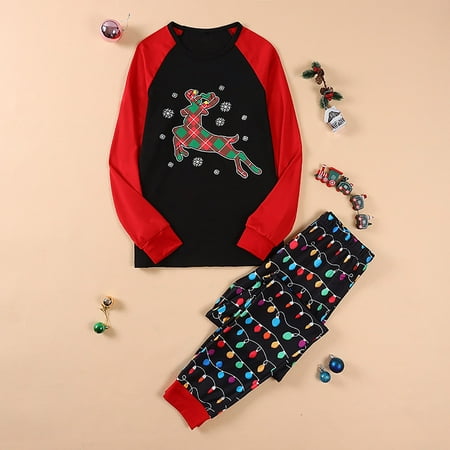 

XIAOFFENN Parent-child Attire Christmas Suits Patchwork Plaid Printed Homewear Round Neck Long Sleeve Pajamas Two-piece Mom Sets