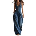 thumbnail image 2 of Karymi Pants for Women Sleeveless V Neck Denim Jumpsuit, Elastic Gathered Waist Button Front Wide Leg Overalls, Cargo Pocket One Piece Outfit Capri Pants for Women, 2 of 7