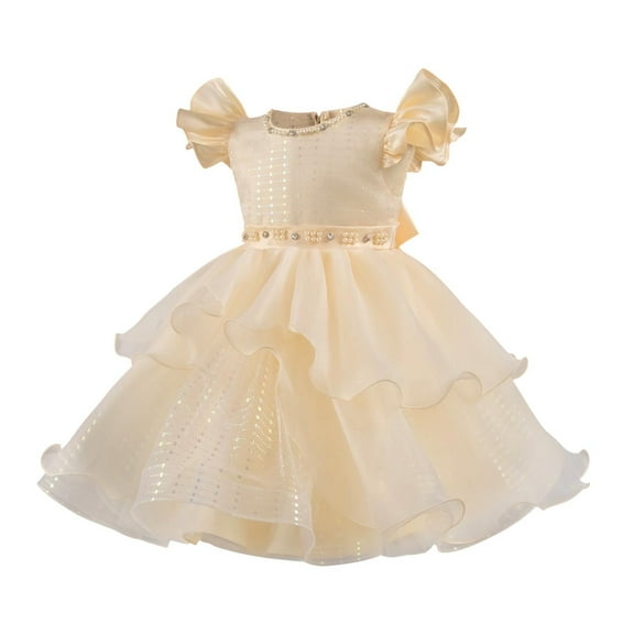 SuTry Baby Girls' Princess Dress 2025 Trendy Flying Sleeves Back Zipper Flower Prints Dress Soid Color Fits Special for Semi Formal(Beige,7 Years)