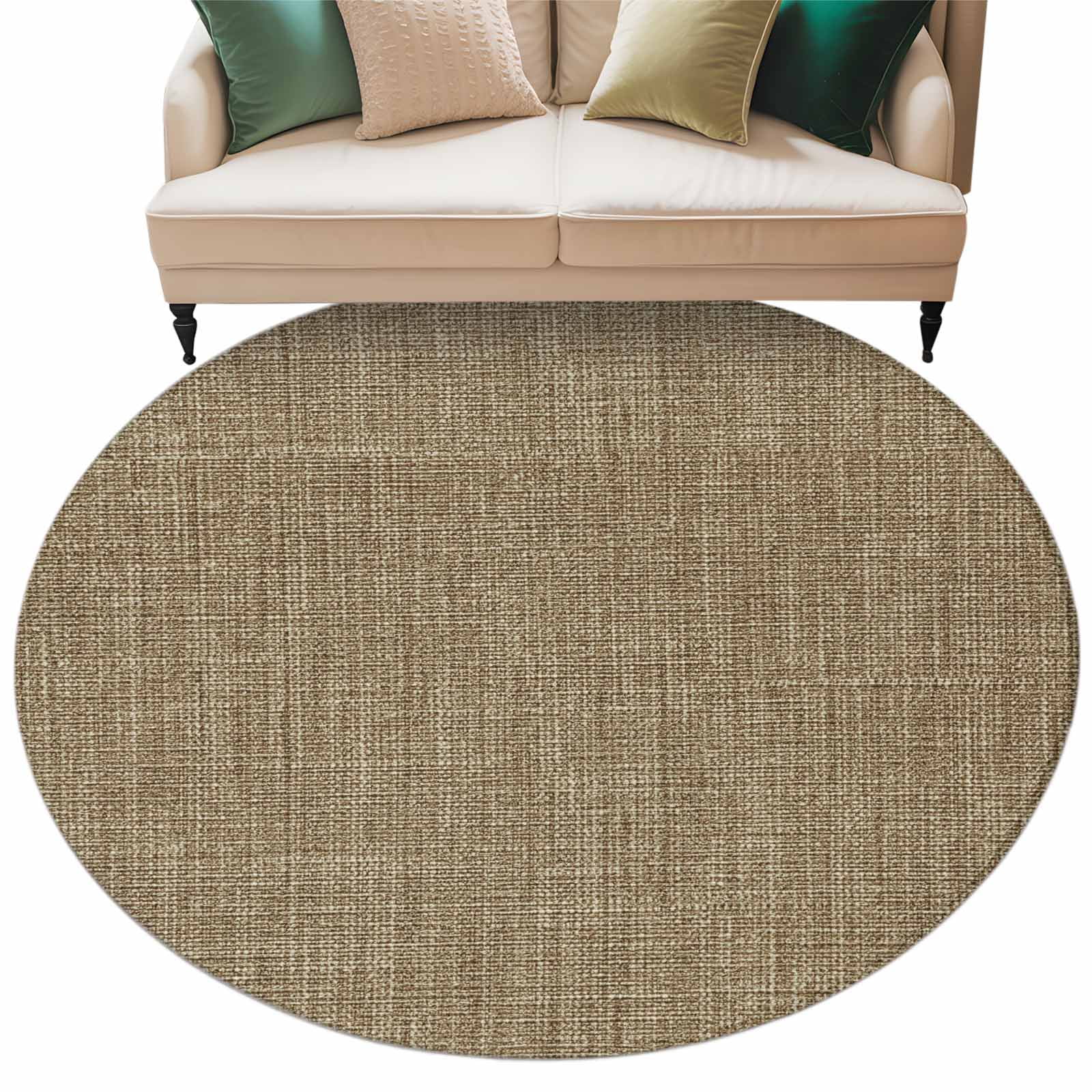 Brown 8ft Round Rug, Farmhouse Burlap Solid Beige Color Modern Linen Texture Non-Skid Rubber Backing Large Area Rugs - Living Room Bedroom Home Office, Indoor Floor Mat Carpets Washable Rug