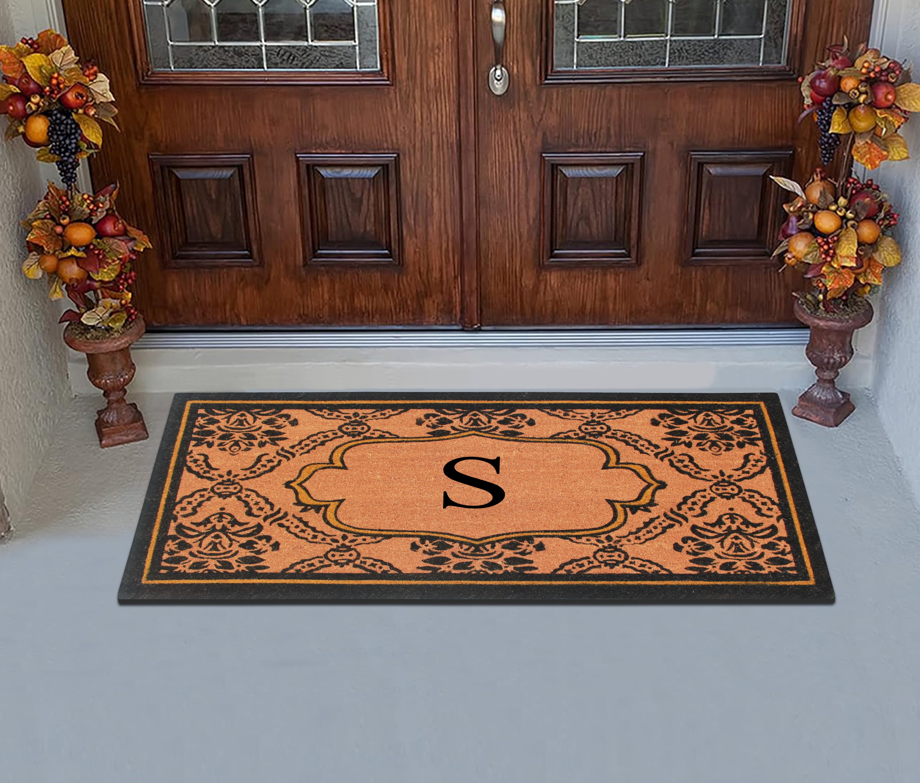 A1HC Natural Coir and PVC Monogrammed Floral Design Door Mat, 30" x 60", Anti-Shed Treated Durable Heavy Duty Front Door Mat for Outdoor Entrance