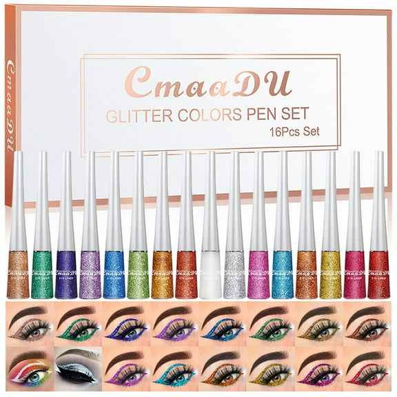 16 Color Liquid Glitter Eyeliner Sets, Waterproof Long Lasting Quick Dry Shimmer Eyeliner Eyeshadow Pencil Makeup Kit Gift for Women Girls
