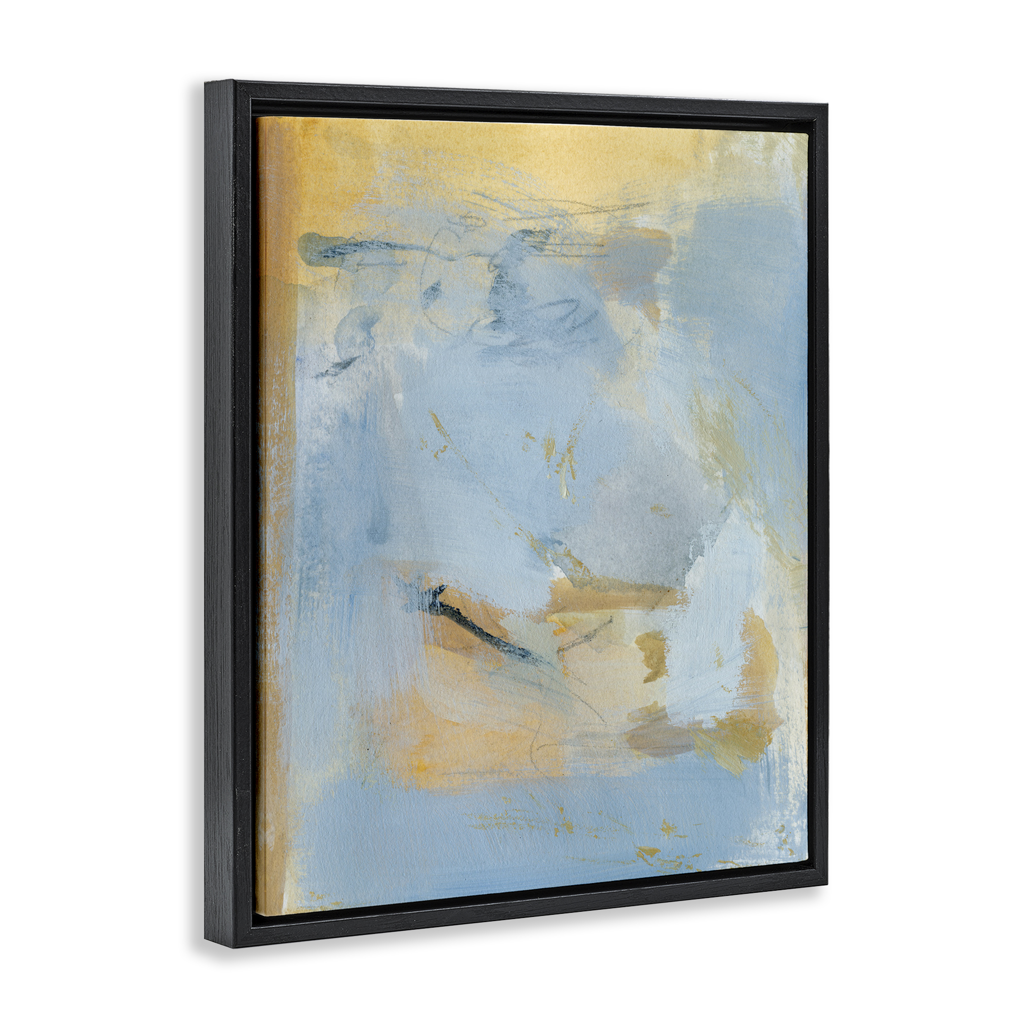 Stupell Industries Blue & Gold Organic Abstract Abstract Painting Black Floater Framed Canvas Art Print Wall Art, 17 x 21