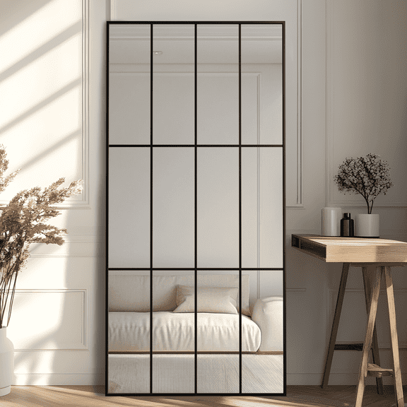 Wall Mirror 30" x 60", Window Pane Grid Mirror Modern Style for Bedroom, Living Room, Bathroom, Rectangular Black Aluminum Framed