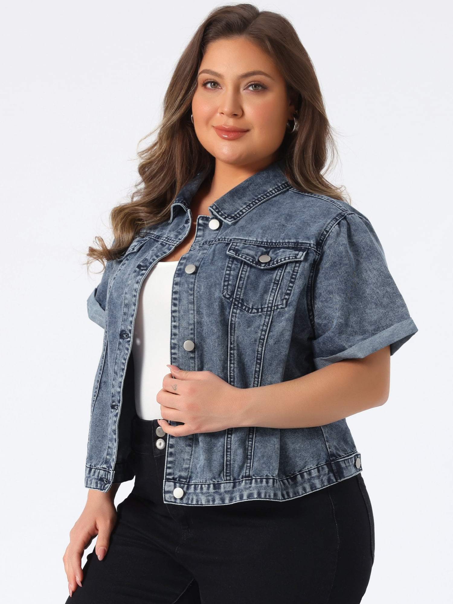 DARING DIVA Women's Plus Size Short Sleeve Lapel Button Denim Jacket 3X Grey Blue