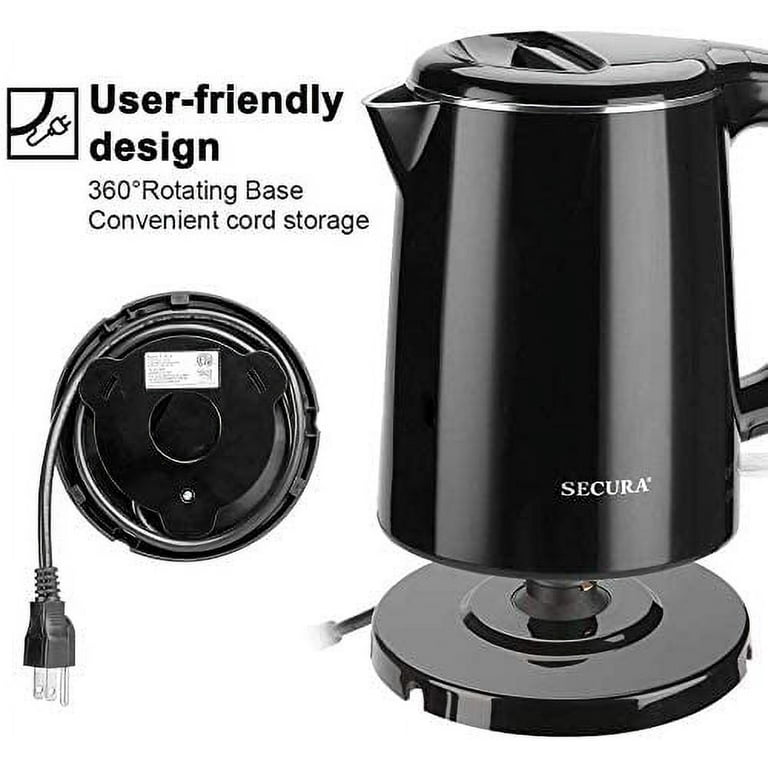 Secura Stainless Steel Double Wall Electric Kettle Water Heater for Tea  Coffee w/Auto Shut-Off and Boil-Dry Protection, 1.0L (Black) 