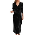 thumbnail image 1 of xiaxaixu Femmes Velours Midi Bodycon Robe Couleur Unie V-Cou Tie-Up Robe à Manches Longues Printemps Automne Soirée Robe de Soirée, 1 of 5