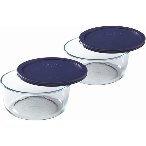 Pyrex 7203 7-Cup Glass Bowls & 7402-PC Dark Blue Lids (2-Pack) - Made in USA