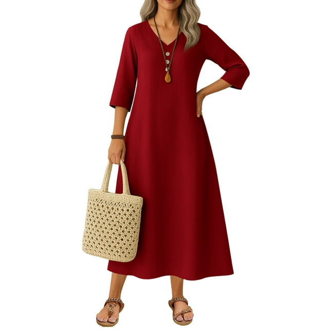 Robe Tailleur pour Femme Robe pour Femmes Longue Robe Bohème de Plage Élégante Robe Maxi Robe à Col en V Robe à Manches 3/4 Bordeaux 2TG