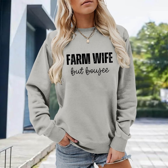 Hoodie Women Smooth Stretch Print Long Sleeve Crew Neck Loose Pullover Sweatshirt Womens Sweatshirts Grey L