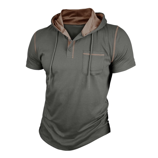 Mens Casual Manga Corta Botón Abajo Camisas Botón con Capucha Sólida Camisa de Parche, Camisas de Manga Larga Casual Elegante para Diario
