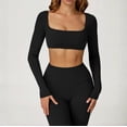 thumbnail image 4 of PISONIC Workout Sets for Women 2 Piece Square Neck Long Sleeve Crop Tops High Waist Flared Leggings Gym Sets, 4 of 12