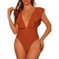 thumbnail image 1 of Traje de baño de una pieza para mujer, con escote en V, con volantes, monokini, control de abdomen, color marrón, talla M, 1 of 5