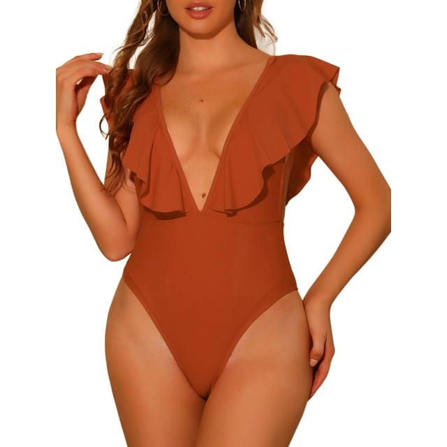 Traje de baño de una pieza para mujer, con escote en V, con volantes, monokini, control de abdomen, color marrón, talla M