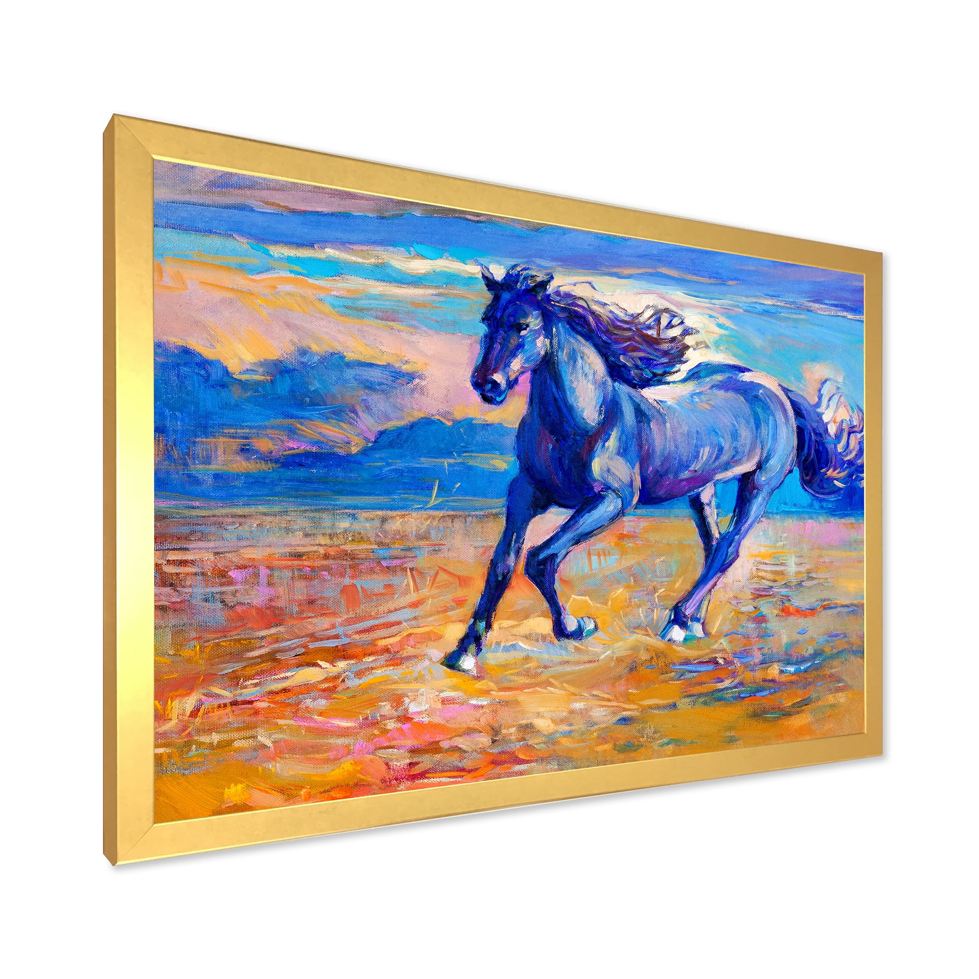 Designart 'Abstract Blue Horse Galoping Over The Prairie' Farmhouse Framed Art Print