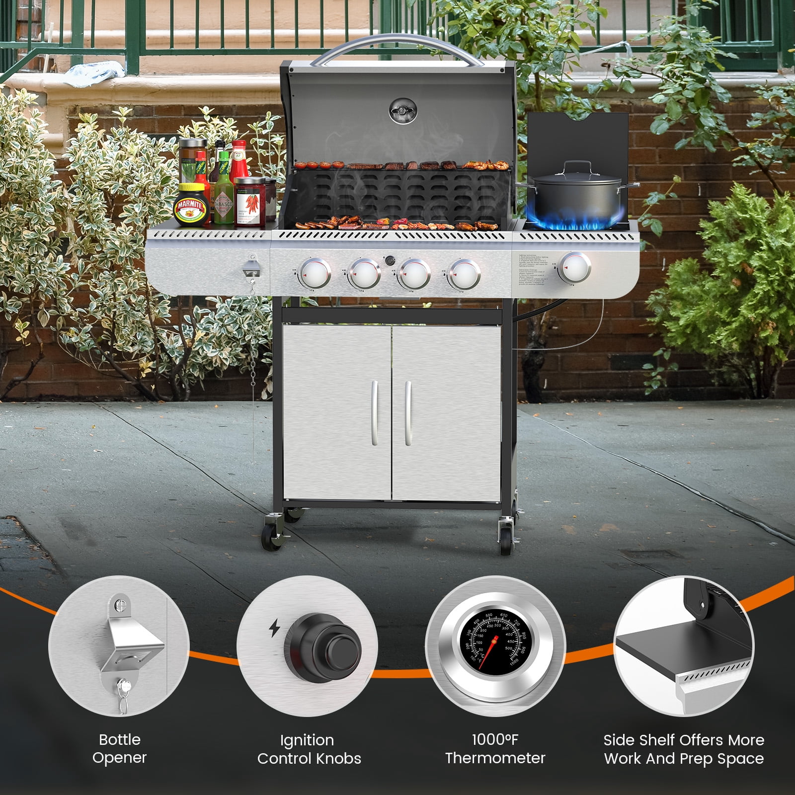 KNDKO 4-Burner Propane Gas Grill with Side Burner, 42,000 BTU Stainless Steel BBQ Grill, Porcelain-Enameled Cast Iron Grates, Heavy-Duty Design for Camping & Outdoor Cooking
