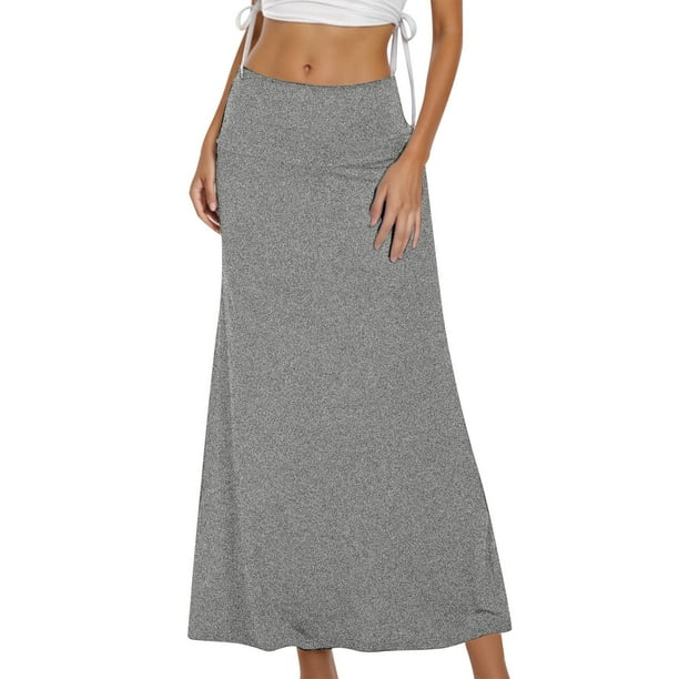 Falda midi acampanada elástica con fruncidos y cintura alta para mujer - Falda informal de color liso con cintura elástica - S-XL