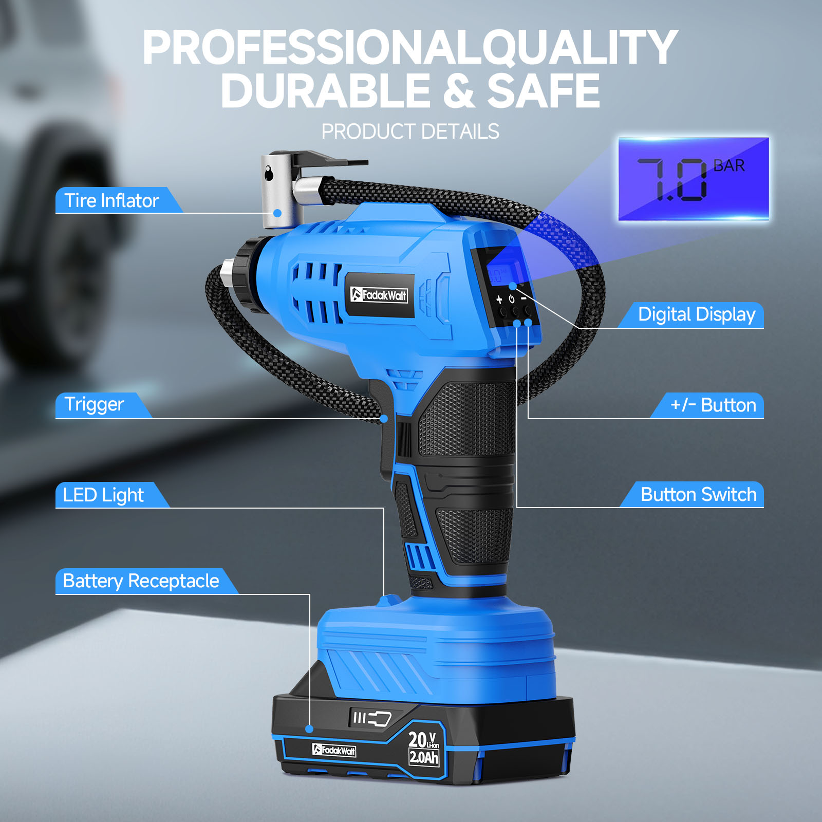 FADAKWALT Tire Inflator Portable Air Compressor, 20V Cordless Car Tire Pump, 160PSI Handheld Electric Air Pump with Rechargeable Battery, Auto Shutoff & Digital Gauge for Cars & Motorcycles(blue)