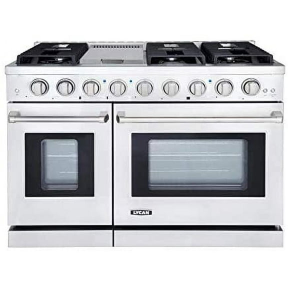 LYCAN 48 Inch Slide-in Freestanding Double Gas Range with 6 Sealed Burner Cast Iron Grates and Primary Convection Oven in Stainless Steel